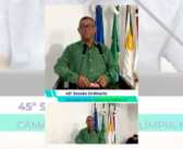 Corte da fala na tribuna do Vereador e Vice-Presidente Irmão Guina, durante a 45° Sessão Ordinária da Câmara Municipal de Nova Olimpia-MT.