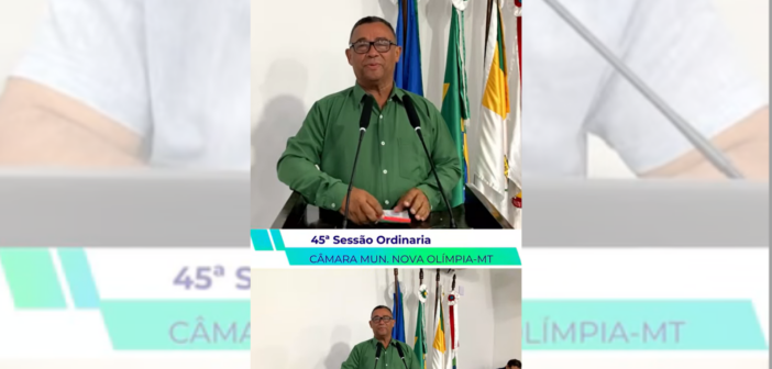 Corte da fala na tribuna do Vereador e Vice-Presidente Irmão Guina, durante a 45° Sessão Ordinária da Câmara Municipal de Nova Olimpia-MT.